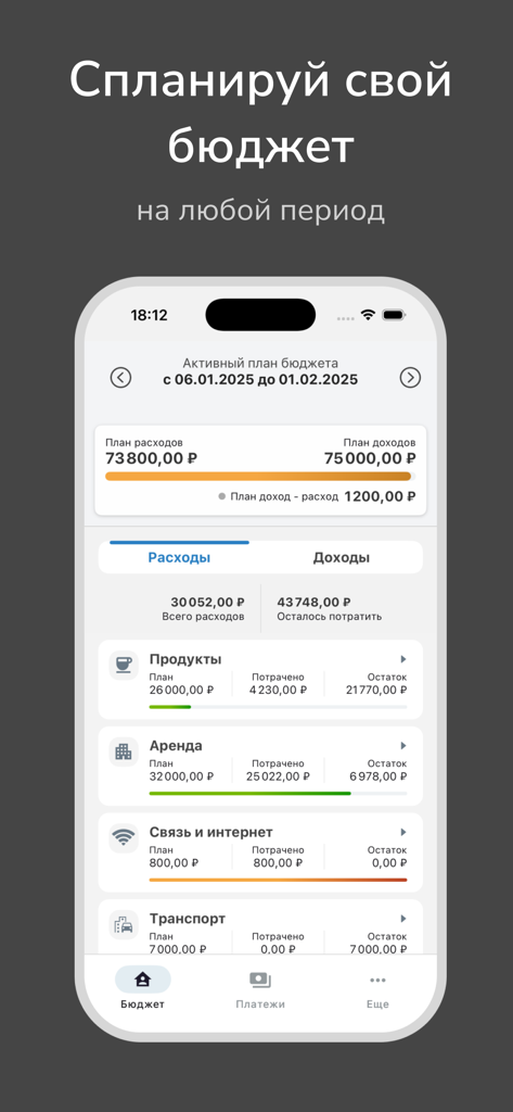 Painel do aplicativo móvel Money Planner mostrando o rastreamento do orçamento com categorias para alimentação, aluguel e transporte