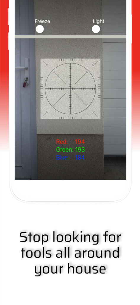 Smart Tools - All In One Box - Interface of the color sensor tool within the Smart Tools app showing RGB values detected on a wall surface.