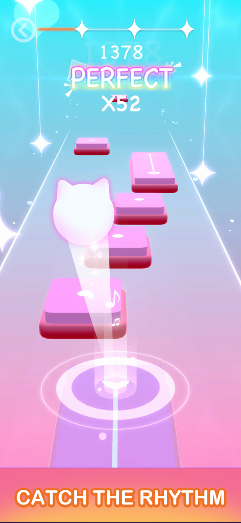 Magic Cats Rush: Music Games - Gameplay-Screenshot von Magic Cats Rush Musikspiel, das eine Katzenfigur zeigt, die mit perfekter Punktzahl auf Kacheln springt