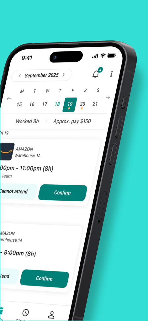 iPhone que muestra la interfaz de la aplicación Job and Talent con un horario de turnos de almacén y pago estimado.