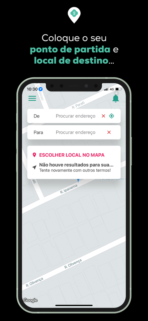 Garupa - Garupa app screen showing the map and destination entry fields for a ride request.
