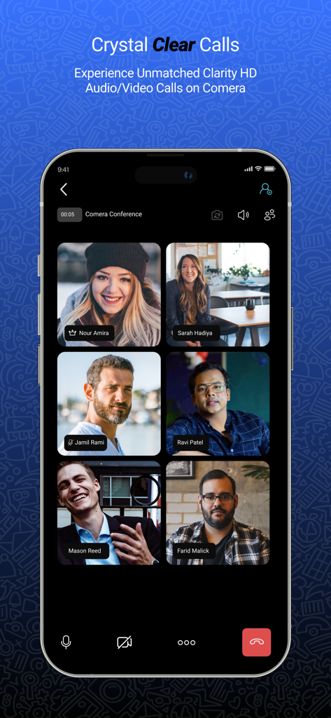 Comera - Comera app interface displaying a crystal clear group video conference call with six participants