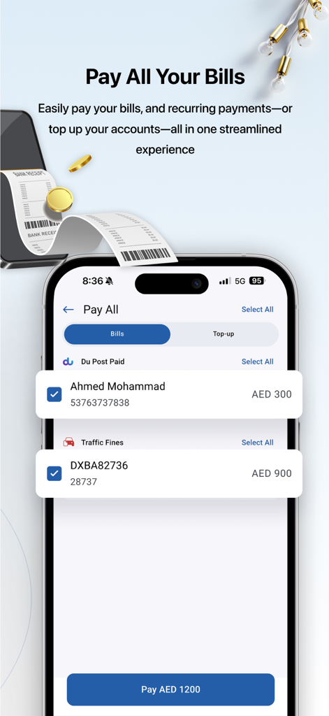 DubaiNow App-Oberfläche zur Bezahlung von Stadtrechnungen und zur Verwaltung wiederkehrender Zahlungen in Dubai.