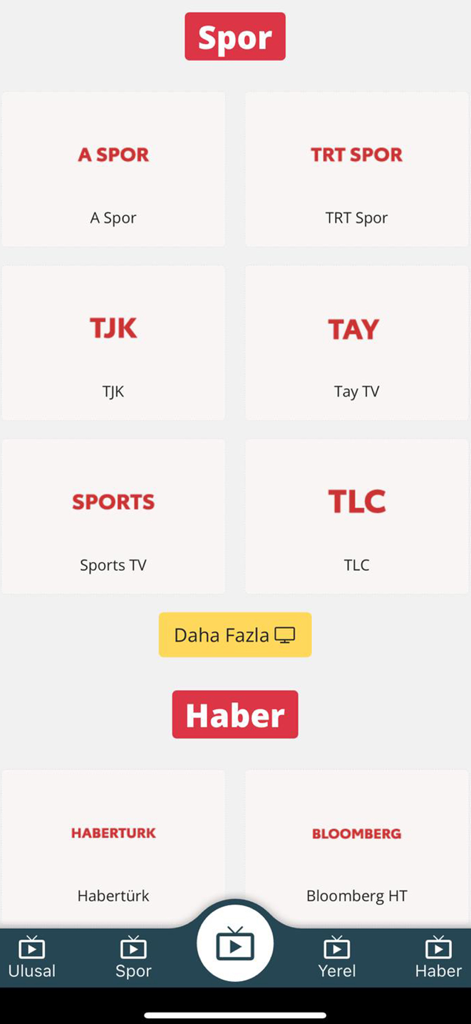 Canlı TV - TV Yayın Akışı - Interfaz de la aplicación Canli TV que muestra una lista de canales de deportes y noticias turcos como A Spor y Haberturk.
