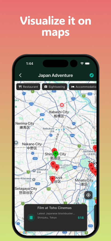 RoamR: AI Itinerary Organizer - A travel itinerary map for a Japan trip showing pins for various locations in Tokyo