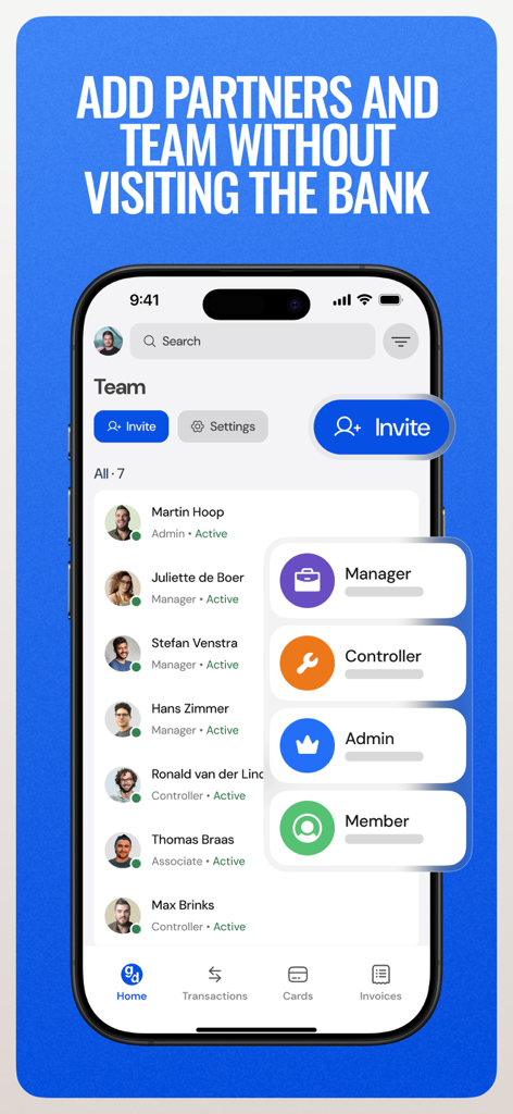 GoDutch Smart Business Account - Screenshot of the GoDutch app team management page displaying user roles and an invite button