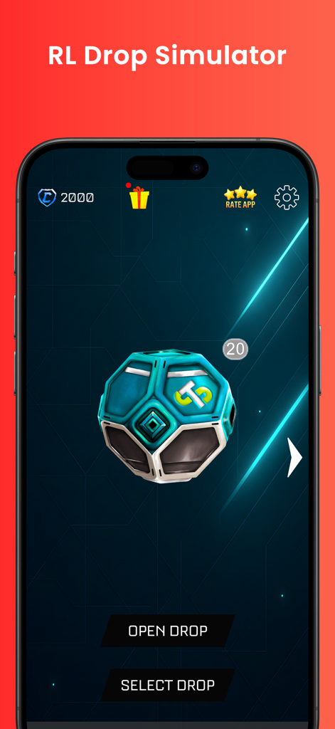 RL Drop Simulator - RL Drop Simulator main interface with a teal loot crate and game menu buttons