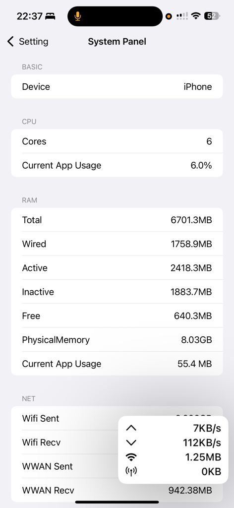Floating Window - Painel do sistema do aplicativo Janela Flutuante mostrando uso de CPU e RAM em tempo real no iPhone