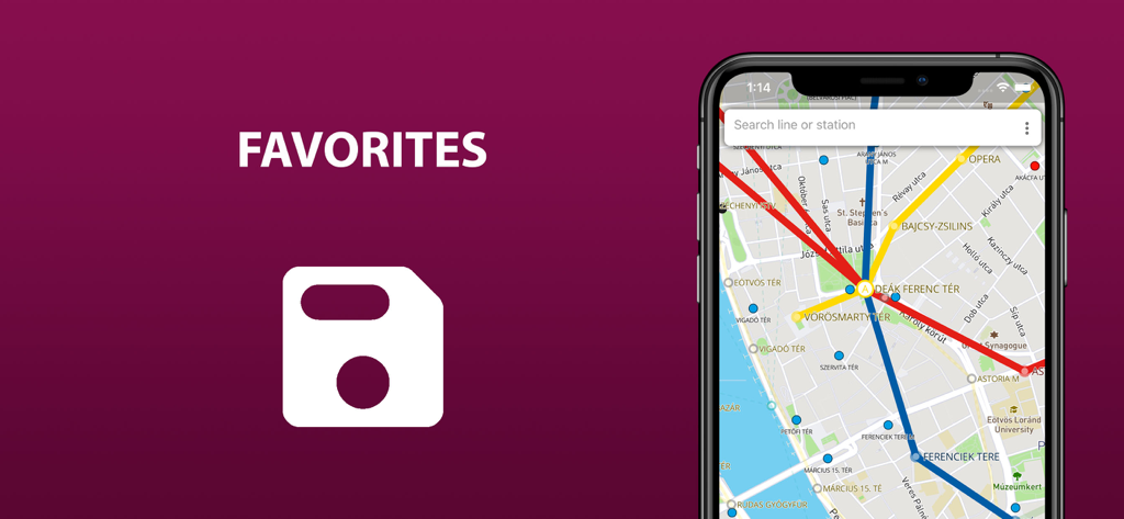 An iPhone displaying a public transport map next to a favorites label and save icon