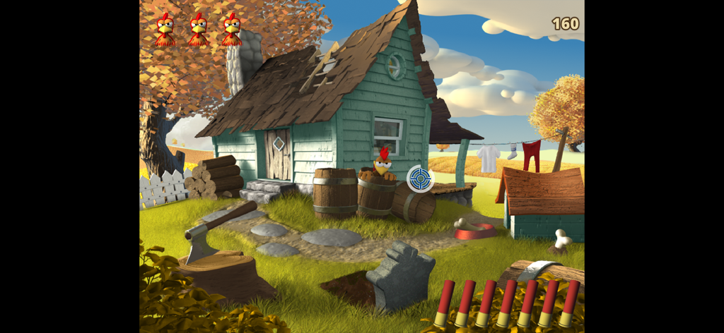 Gameplay screenshot of Moorhuhn X showing a chicken hiding in a barrel on a farm with a crosshair aiming at it