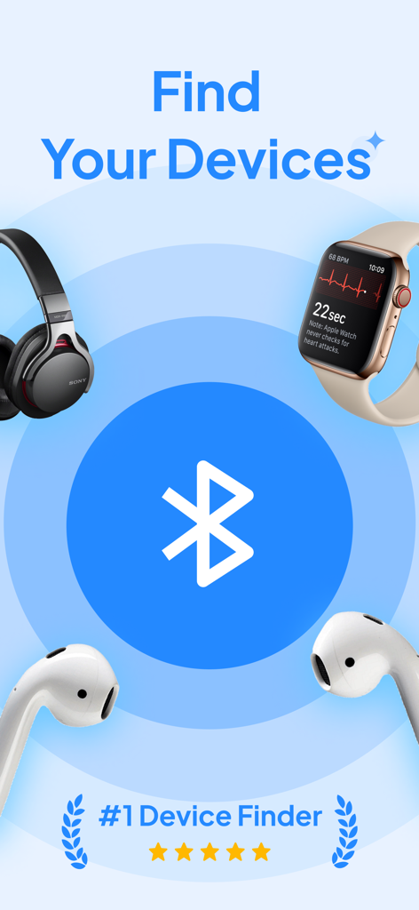 Find My Lost Device & Track - Interfaz de la aplicación Find My Lost Device que muestra un radar Bluetooth para localizar AirPods y smartwatches perdidos