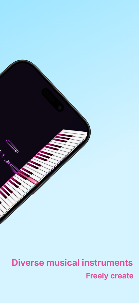 Hi Piano - A smartphone displaying the Hi Piano app virtual keyboard with text highlighting diverse musical instruments and creative play.