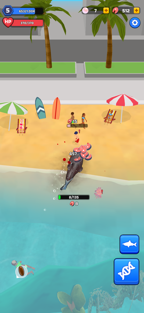 A shark predator attacking people on a beach in Shark Universe Survival World gameplay