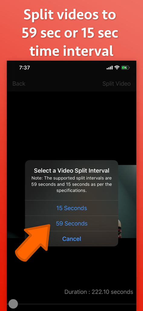 Video Splitter - Reels Cutter - A mobile screen showing options to split a video into 15 or 59 second segments with an arrow pointing to the 59 second option.