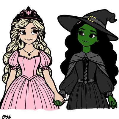 a princess and a witch holding hands realistic