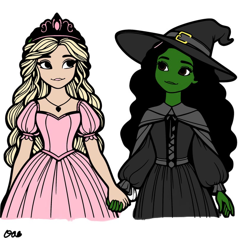 a princess and a witch holding hands realistic