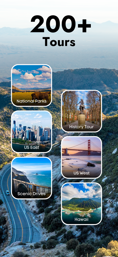 Mount Lemmon GPS Audio Tour - Mobile app screen showing over 200 audio tour categories including National Parks, History, and Scenic Drives.