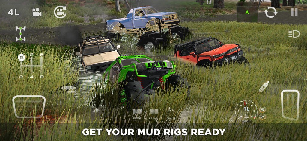 4x4 Mania - Four customized off road trucks driving through mud and tall grass in 4x4 Mania