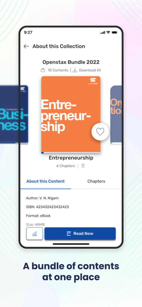 Kitaboo Player mobile app screen showing a collection bundle of educational eBooks including an entrepreneurship textbook.
