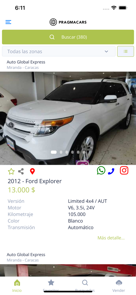 Pragmacars - Pragmacars mobile app displaying a white 2012 Ford Explorer listing with price and vehicle specifications