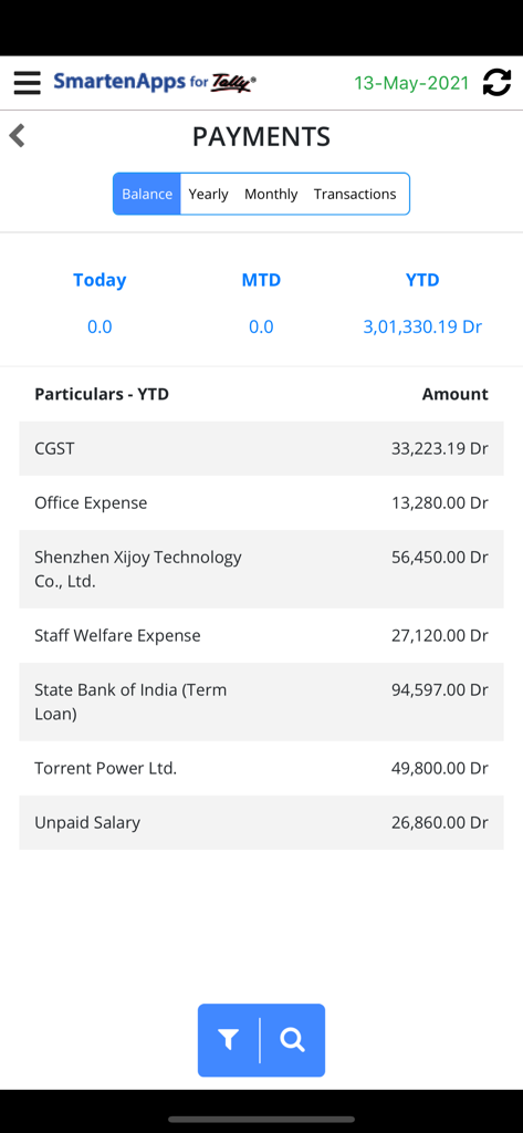 SmartenApps for Tally - SmartenApps for Tally mobile payments dashboard displaying financial transactions and YTD balances