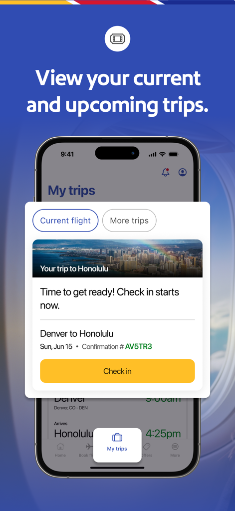 Southwest Airlinesアプリのインターフェイスに、デンバーからホノルルへのフライト情報とチェックインボタンが表示されています。