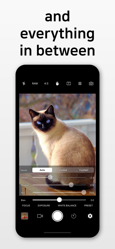 Yamera (Manual Camera) - Interfaccia dell'app Yamera che mostra controlli manuali di esposizione come ISO e velocità dell'otturatore con un gatto nel mirino.