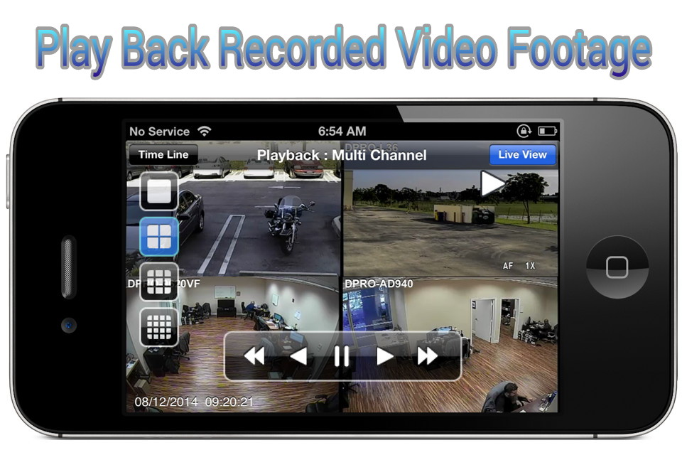 iDVR-PRO Viewer: Live CCTV Camera View and Playback - iPhone screen displaying iDVR-PRO Viewer app with a 4-camera grid playback of security footage showing a parking lot and office interiors