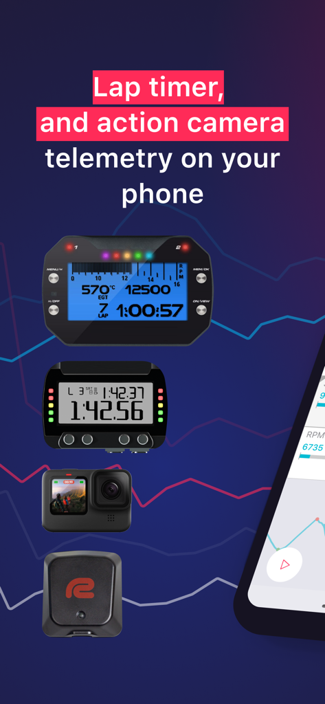 LapSnap - LapSnap app interface displaying lap timer and action camera telemetry next to supported racing devices