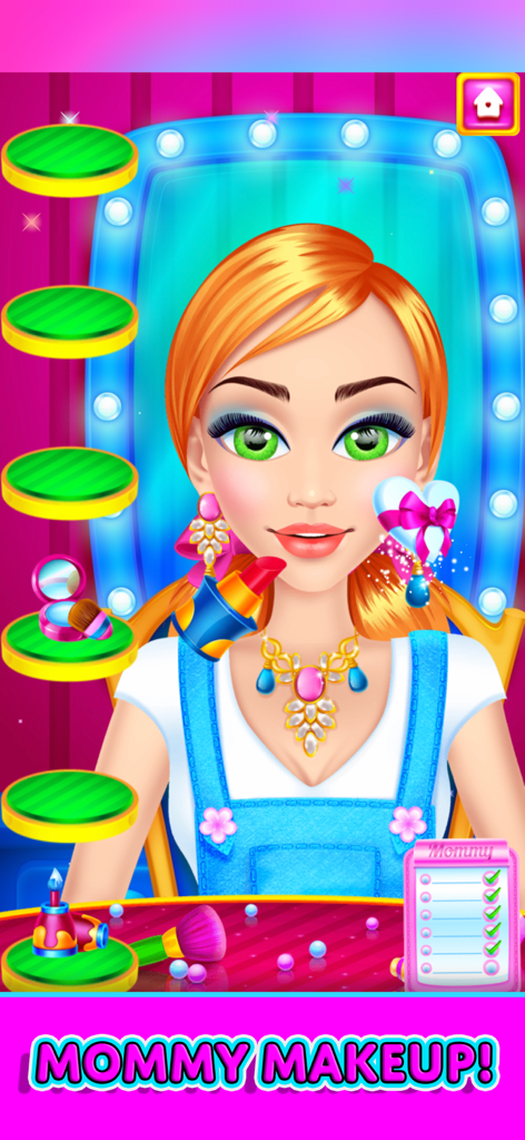 Un personaje recibiendo un cambio de imagen de maquillaje con lápiz labial y joyas en Mommy Beauty Salon Simulator