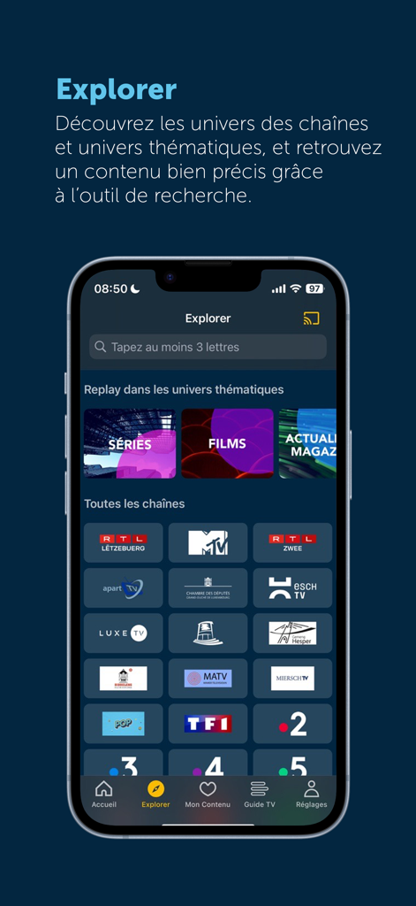 POP TV Go - The explorer tab of the POP TV Go app on an iPhone showing TV channel logos and thematic categories like movies and series