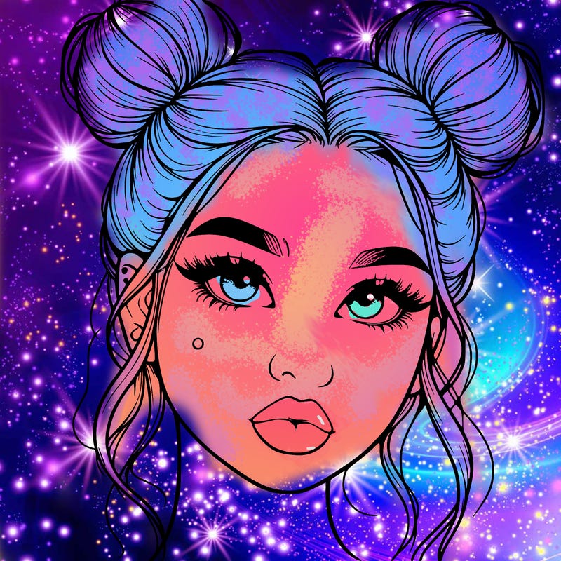 realistic girl with two buns on her hair and lips