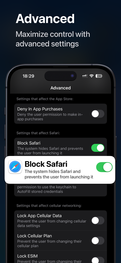 Advanced settings in the App Lock app showing options to block Safari and restrict in-app purchases.