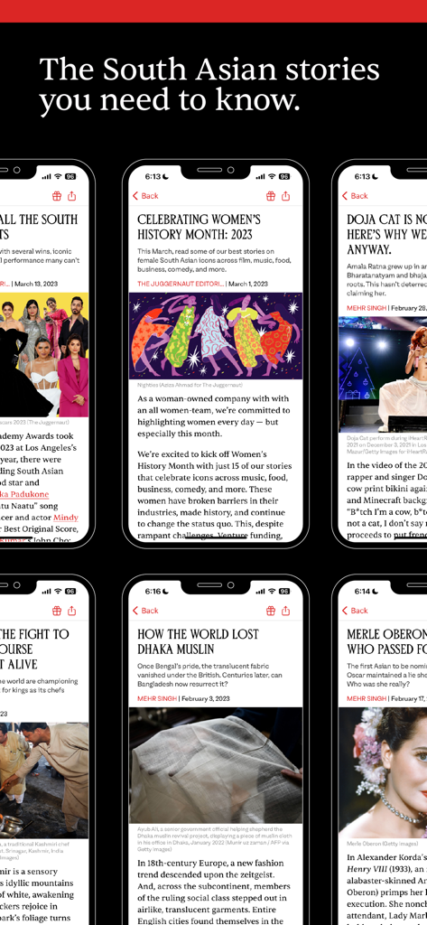 The Juggernaut - A collection of mobile app screenshots from The Juggernaut displaying articles about South Asian culture history and people