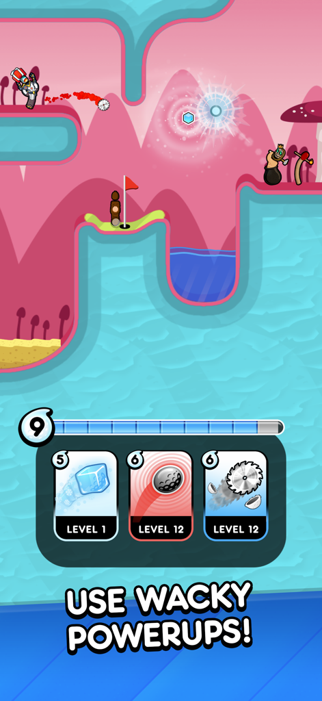Screenshot di gioco di Golf Blitz che mostra golfisti cartone animato e un menu per selezionare potenziamenti stravaganti come palle di ghiaccio e seghetto.