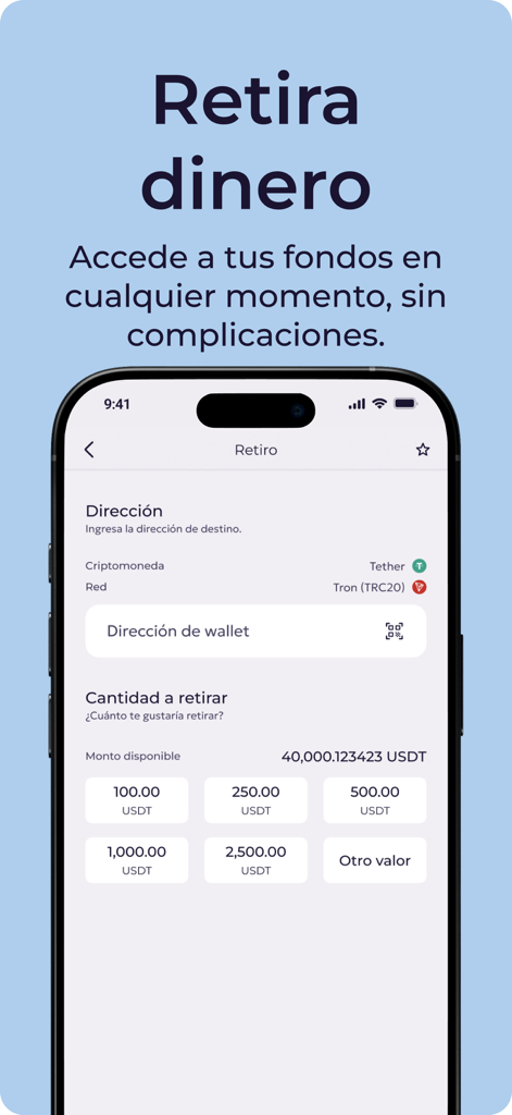 Interface do aplicativo B2pay mostrando uma tela de retirada de criptomoedas para USDT com opções de endereço de carteira
