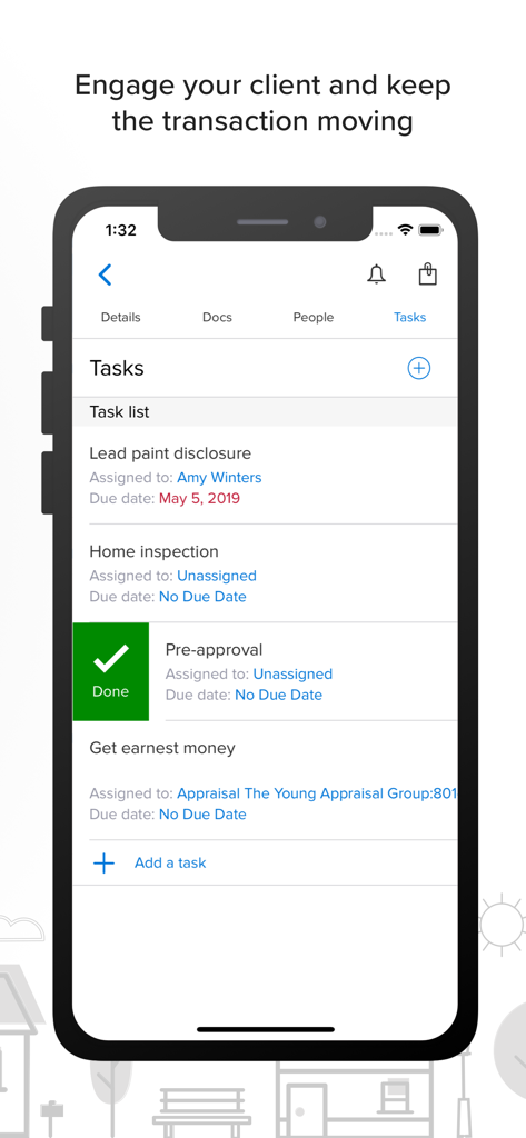 A mobile screen showing the dotloop app task list for a real estate transaction including home inspection and lead paint disclosure