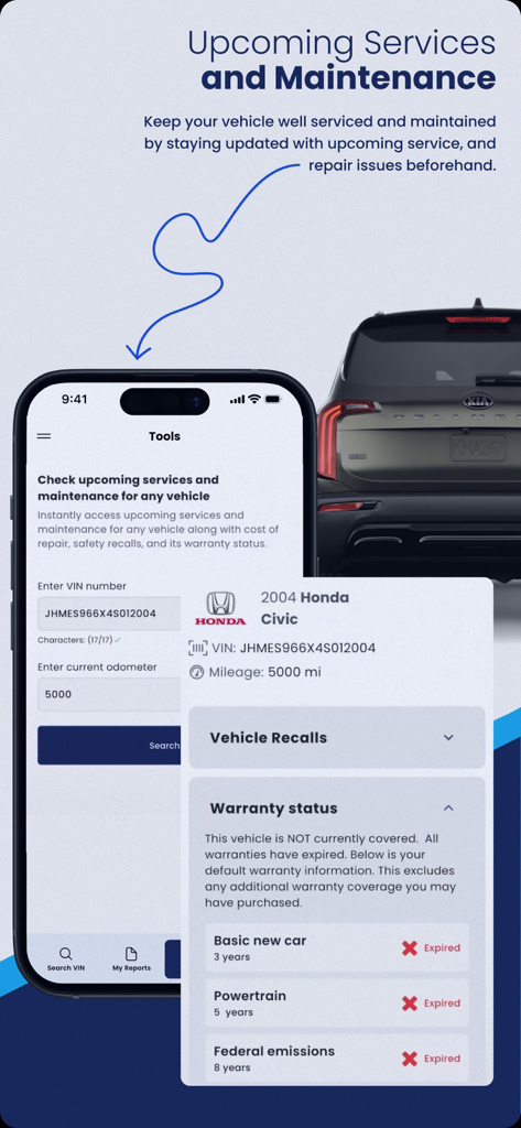 Tela de aplicativo móvel mostrando histórico de manutenção do veículo, status da garantia e informações de recall para um Honda Civic.