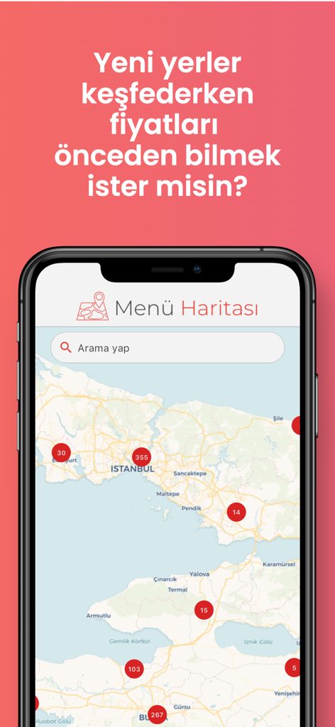 Menü Haritası: QR Kod Menü Oku - Menu Haritasi app interface showing a map with restaurant menu locations and prices
