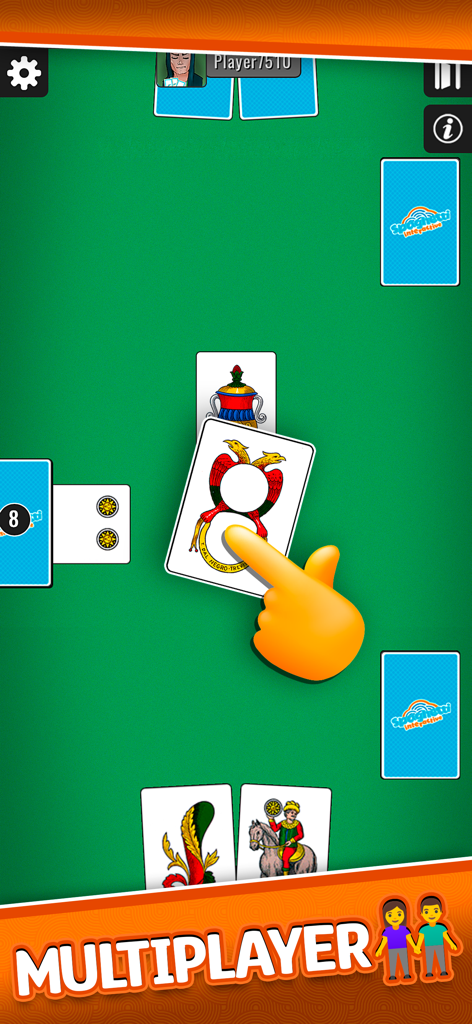 Screenshot di gioco di Briscola Piu che mostra una partita multigiocatore online con carte tradizionali italiane su un tavolo verde.