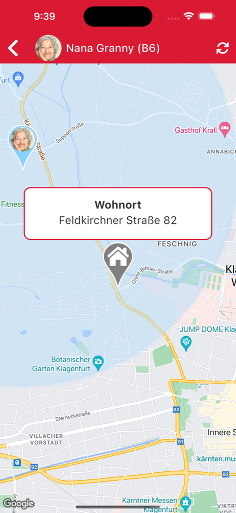 James App - Kartenoberfläche in der James App, die den Echtzeit-GPS-Standort eines Seniorenbenutzers anzeigt.