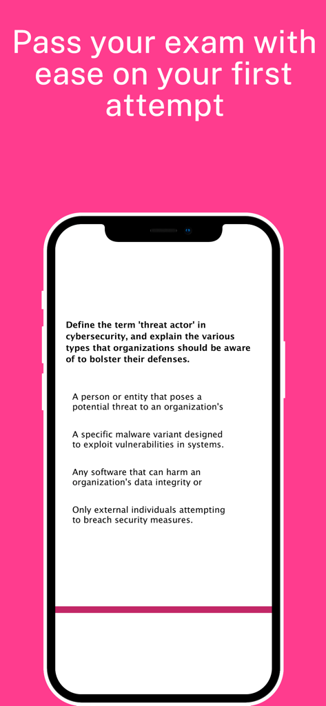 Cyber AB (CCA & CCP) Exam Prep - A smartphone screen displaying a cybersecurity quiz question about threat actors from the Cyber AB exam prep app