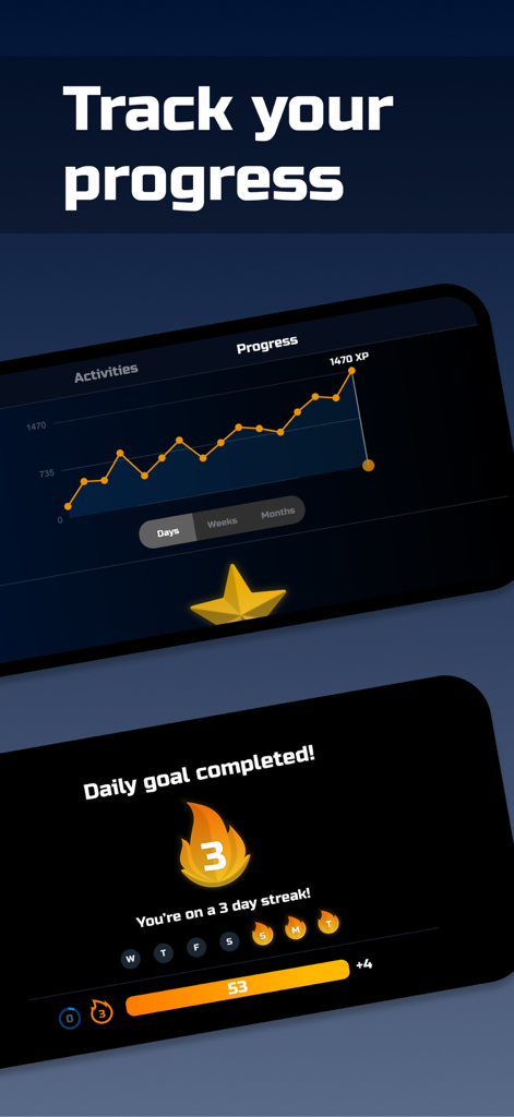 Timbro Guitar - Learn Guitar - Progress tracking screen in Timbro Guitar app displaying an XP graph and a daily goal streak