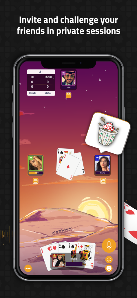 VIP Jalsat | Tarneeb & Trix - Mobile app interface showing a private card game session with player avatars, desert sunset background, and voice chat feature enabled.