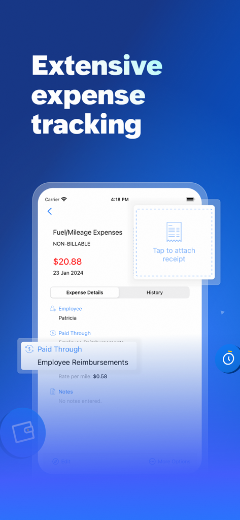 Accounting App - Zoho Books - Zoho Books mobile app interface showing business expense tracking and receipt attachment feature