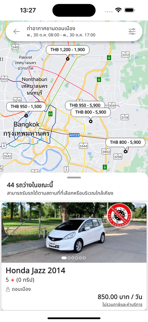 Drivemate app interface showing car rental availability on a map of Bangkok and a specific Honda Jazz listing with daily rates.