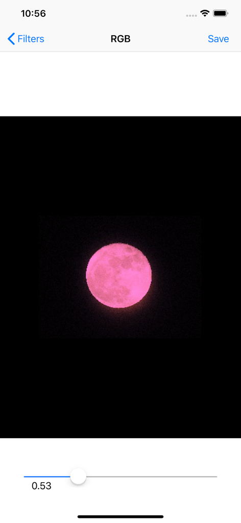 MoonCatcher - MoonCatcher app interface showing a pink moon being edited with an RGB filter slider