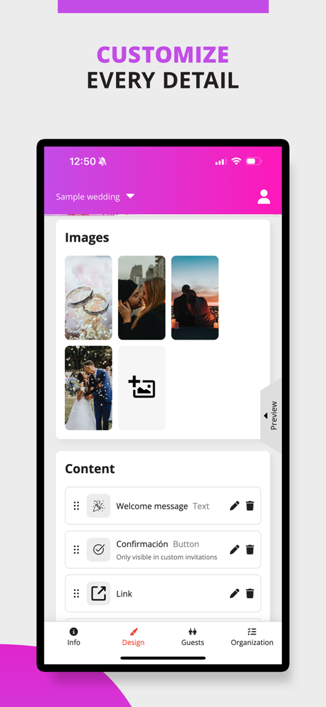 Eventia - Digital Invitations - Interfaz para personalizar invitaciones digitales con fotos y detalles del evento en la aplicación Eventia