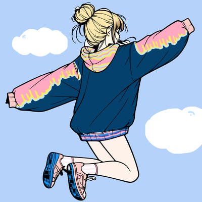 realistic girl jumping with a bun and oversized sweatshirt