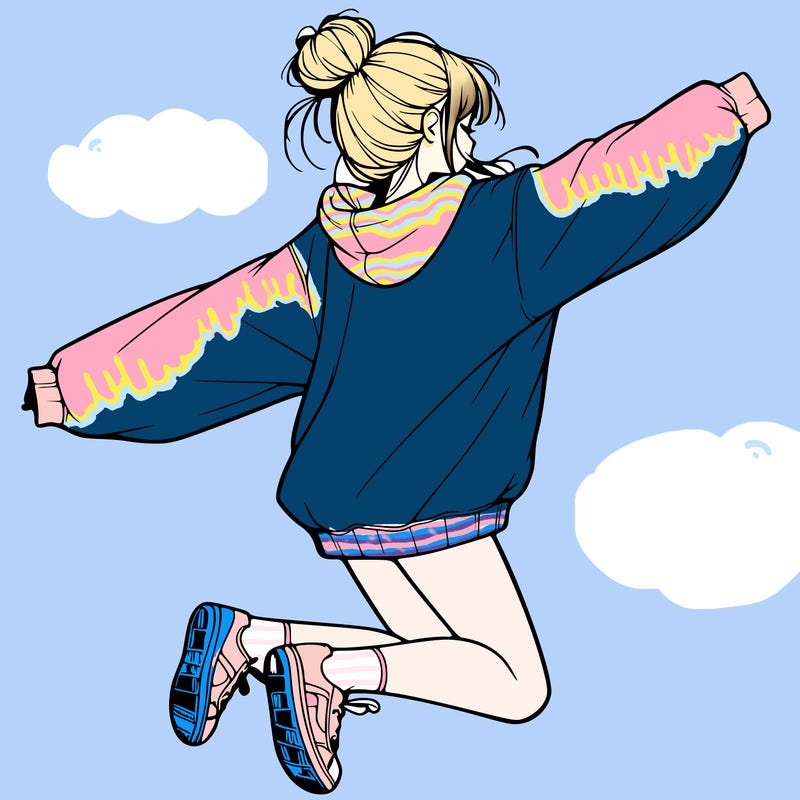realistic girl jumping with a bun and oversized sweatshirt